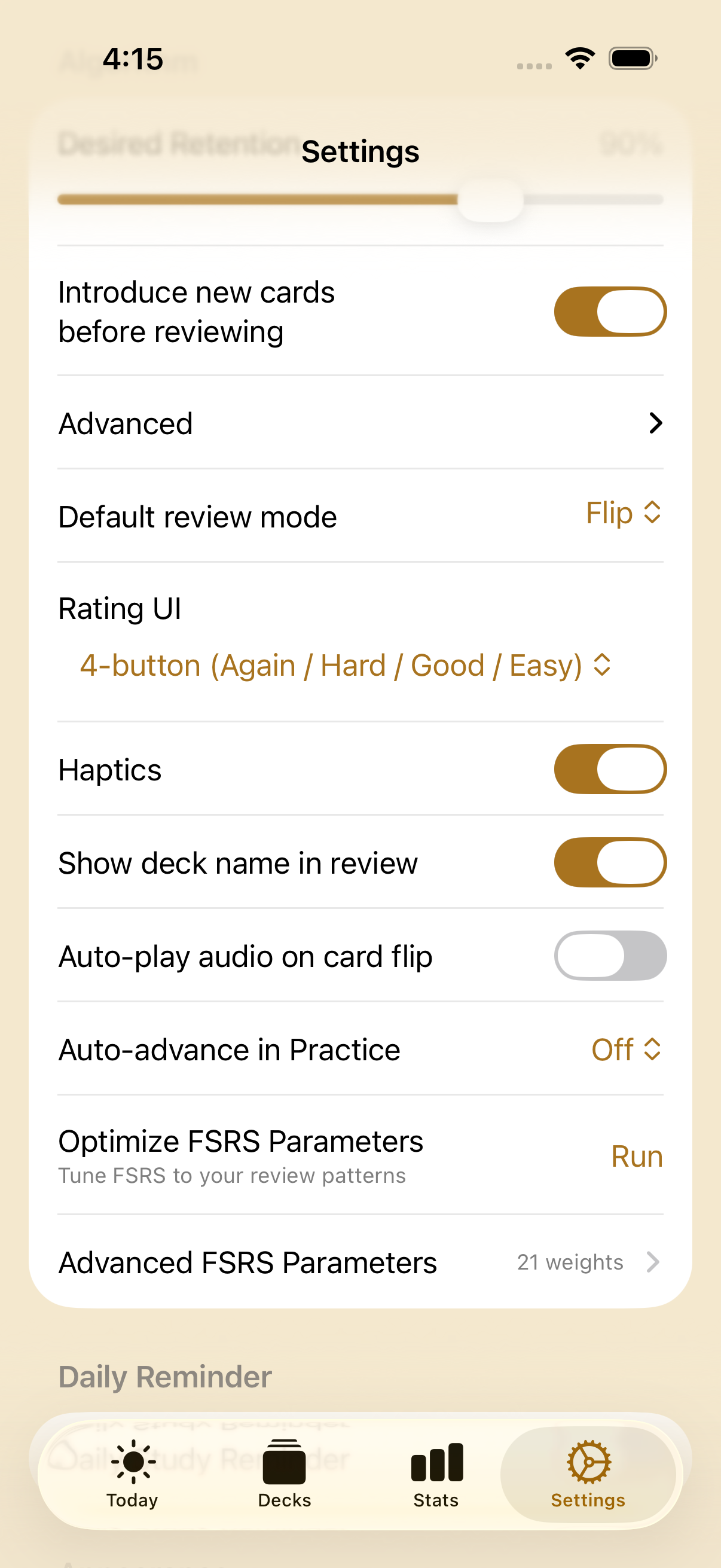Settings — Review & Scheduling — the Optimize FSRS Parameters row with a Run button that derives your personalized 21-weight vector