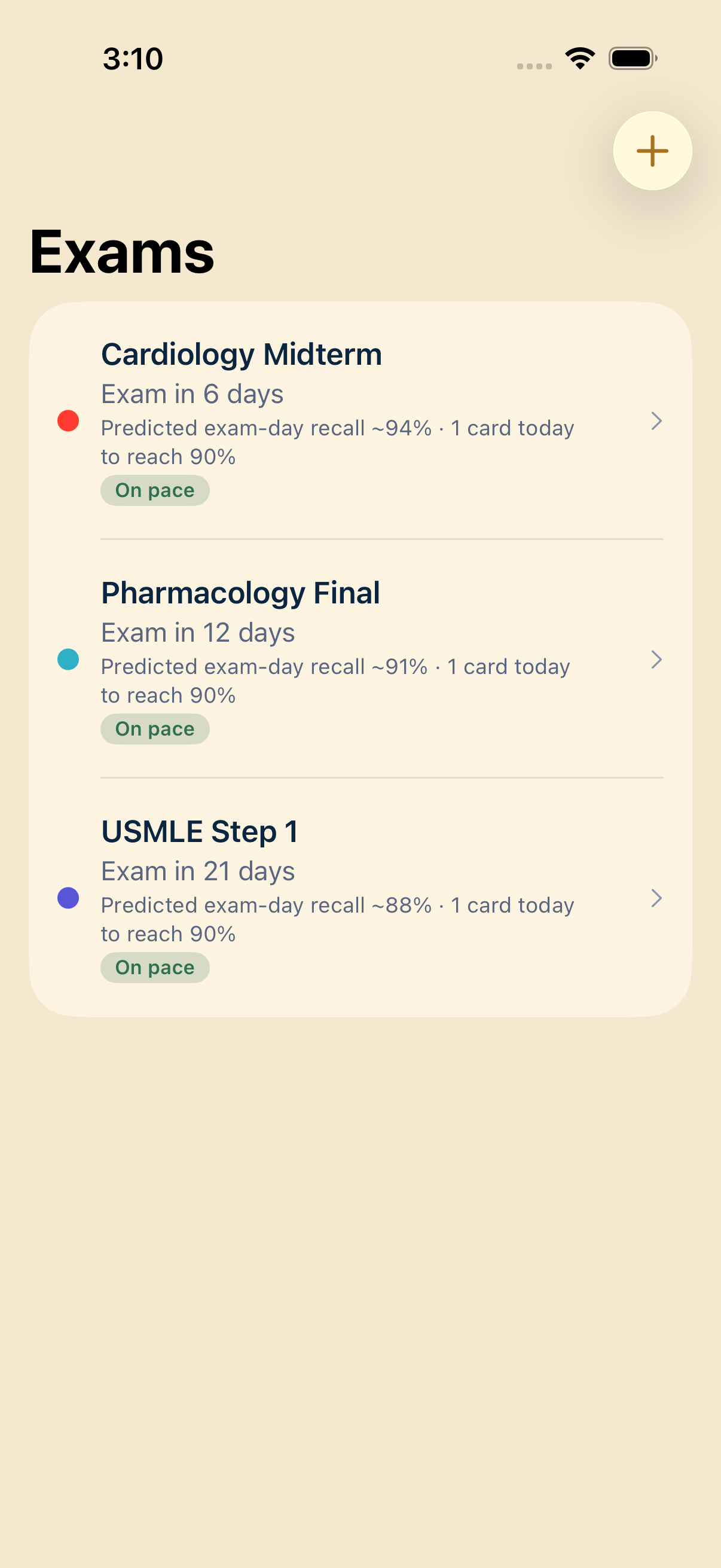 Exams tab — three upcoming exams (Cardiology Midterm, Pharmacology Final, USMLE Step 1), each with a color dot, day countdown, and on-track status