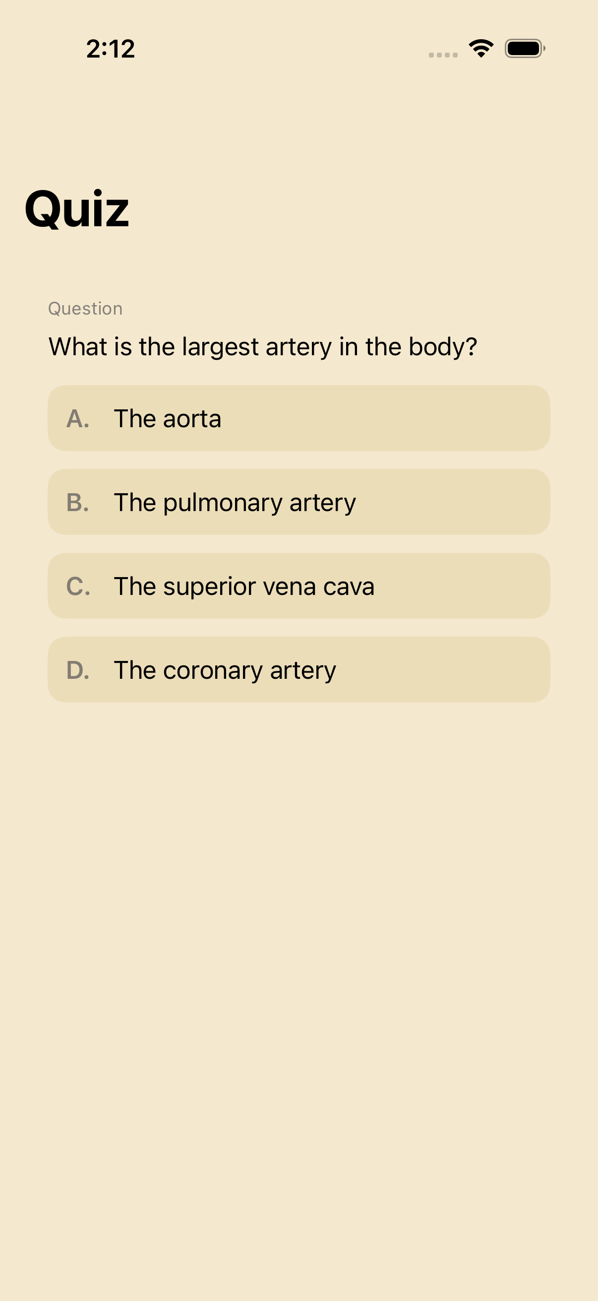 Smart quiz — a multiple-choice question with four lettered options, including AI-generated distractors