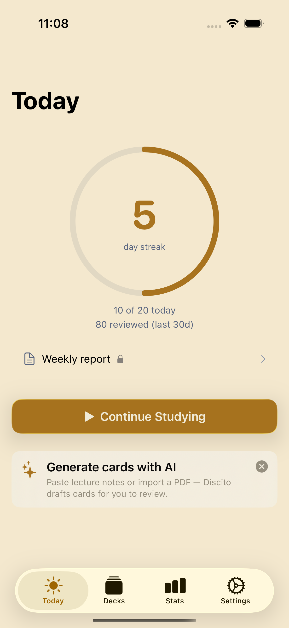 Study Dashboard on the Today tab — streak ring, daily-goal progress, last-30-day reviews, and a Weekly Report link
